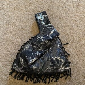 Wristlet evening bag black beads black silver fabric  very good shape used once